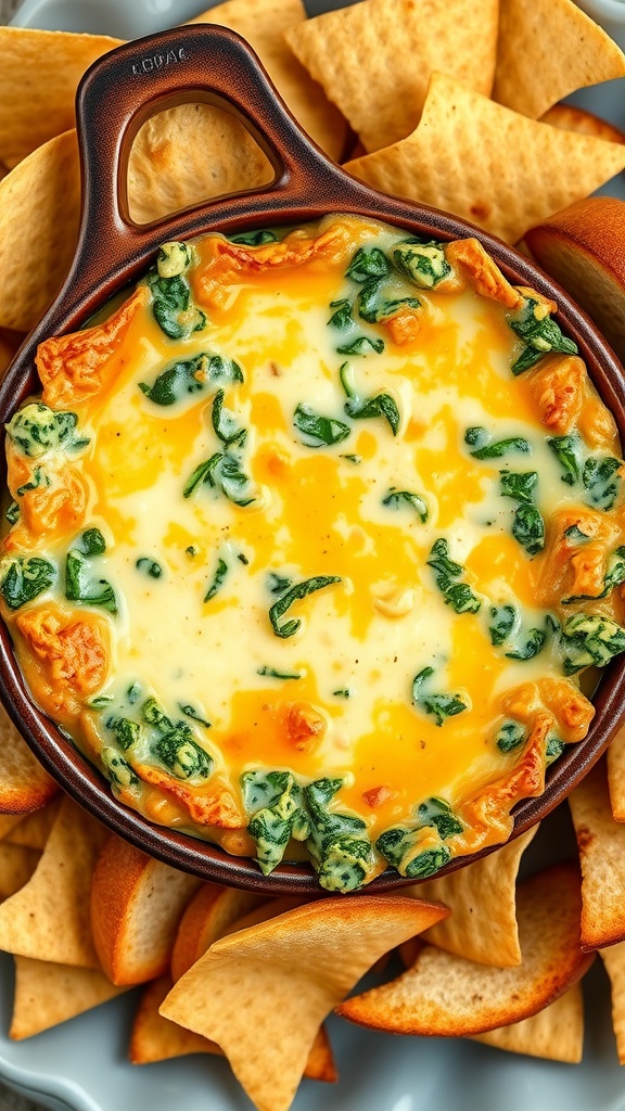 A bowl of warm spinach and artichoke dip with tortilla chips and baguette slices.